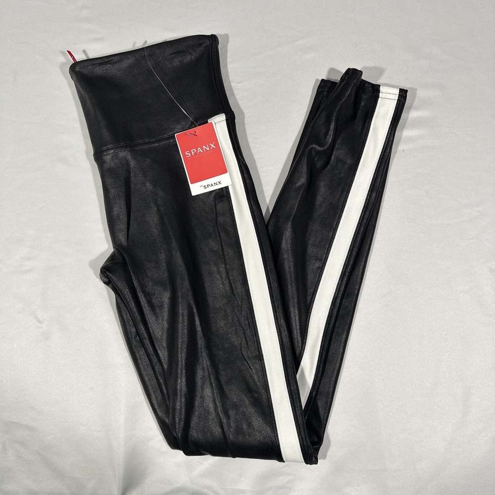 NWT $110 Spanx [ Small ] Side Stripe Faux Leather Leggings in Black/White #U1419